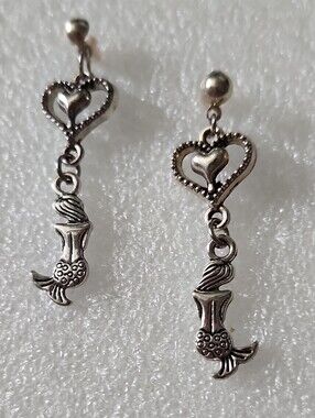 Hand Crafted Silver Tone Heart and Mermaid Dangle Earrings